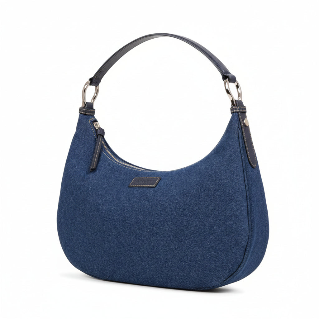 Sac demi lune en denim & cuir