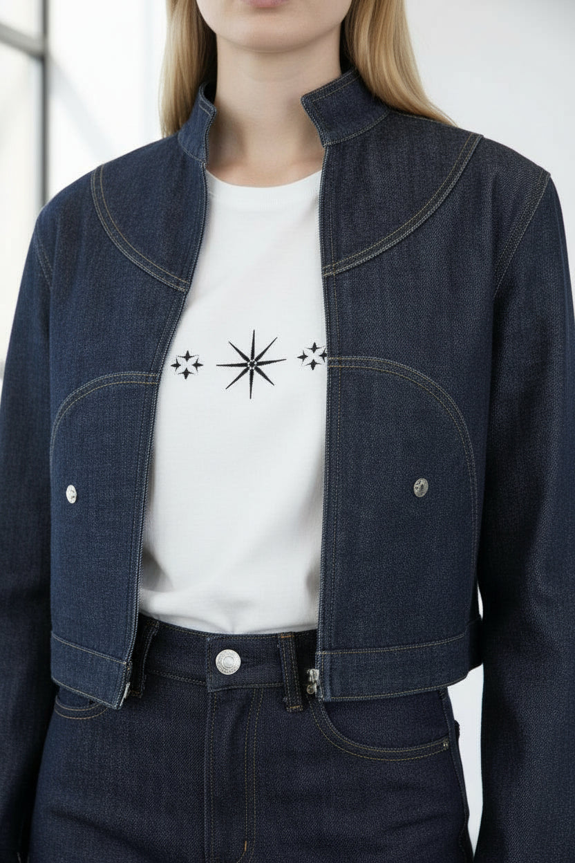 Veste cropped unisexe avec poches détachables en jeans Selvedge