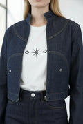 Veste cropped unisexe avec poches détachables en jeans Selvedge