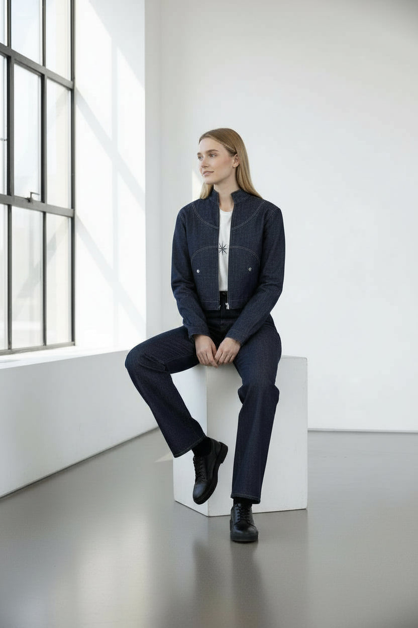 Veste cropped unisexe avec poches détachables en jeans Selvedge