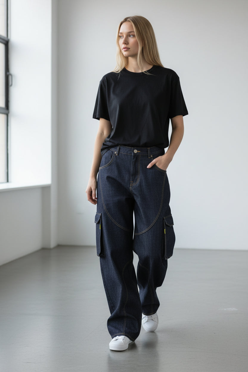 Baggy unisexe avec poches détachables en jeans Selvedge