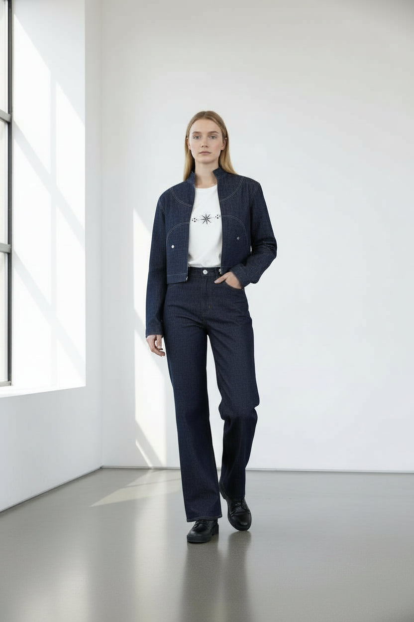 Veste cropped unisexe avec poches détachables en jeans Selvedge